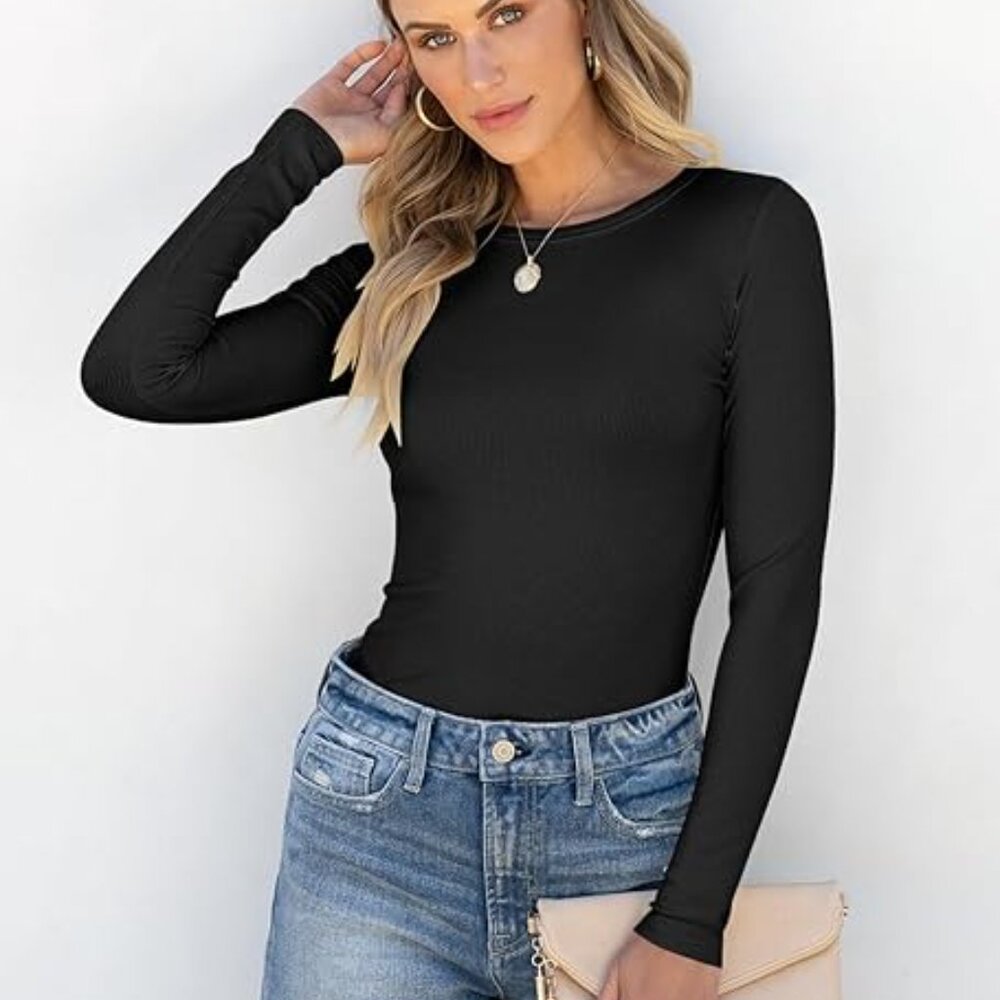 Women’s Slim Fit Long Sleeve Top • Stretchy Crew Neck Basic Tee • Soft Everyday